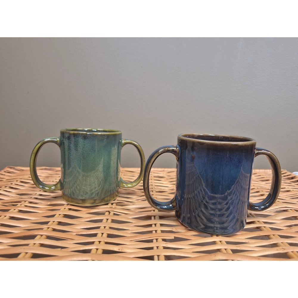 Handmade Studio Pottery Double Handle Mugs Set of 2 Blue Green Stoneware Cups